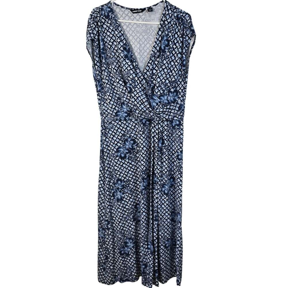 Lands End Dress Women's 1X 16W-18W Blue White Tropical Floral Surplice Coastal